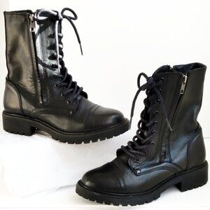 Black Leather Double Sided Zips/ Lace Up Combat Boots with Lugged Soles Sz 6.5